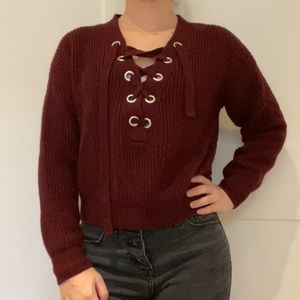 Divided Red Cropped Lace up Sweater